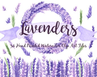 Lavender Floral Watercolor ClipArts Scrapbook Digital Files Download Wedding Invitation Purple Violet Leaves Flowers Wreath Printable Sale