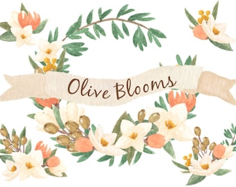 Olive Floral Watercolor ClipArts Scrapbook Digital Files Download Wedding Invite Invitation White Peach sale Leaves Flowers Wreath Printable