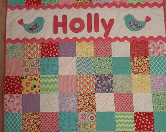 Personalized Baby Girl Quilt, Patchwork Name Blanket, Pink Minky Backing