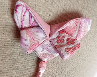 Broche épingle papillon origami rose/blanc