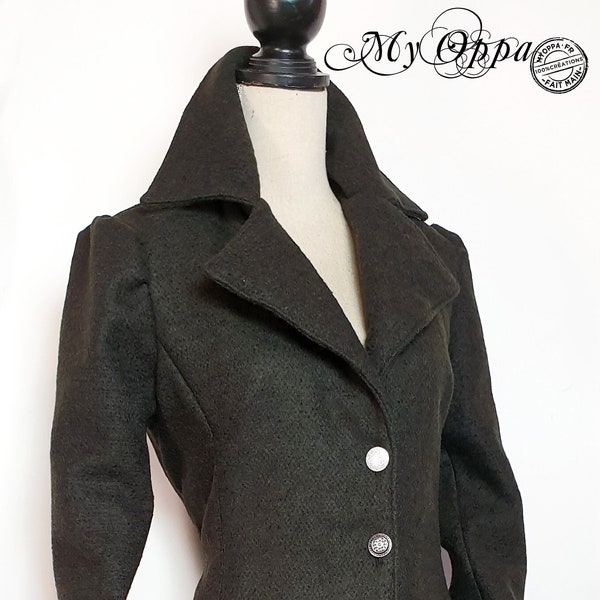 Manteau long laine steampunk vert foncé, veste vêtement femme, victorien, ajustable avec un grand col