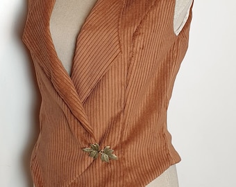 elf vest 2 of the woods with crochet leaves women's clothing camel brown corduroy jacket steampunk, wedding ceremony jacket