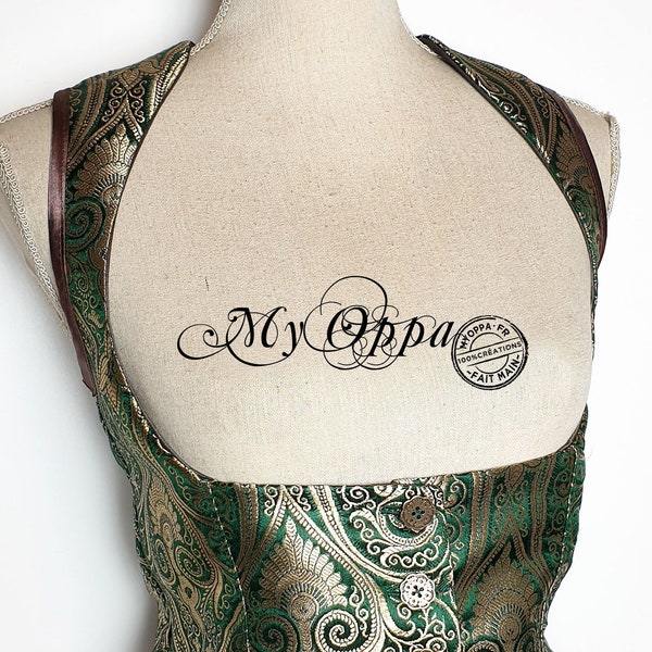 Women's long underbust waistcoat in golden green brocade, bartender waistcoat cut buttoning, burlesque steampunk Victorian suspender jacket