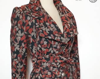 Red/gray/black retro autumn coat with belt, long steampunk bohemian jacket