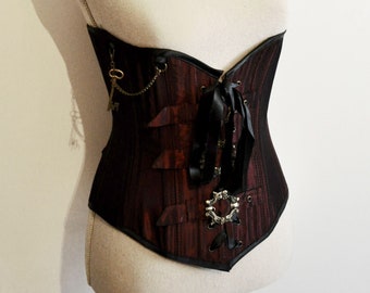 Red taffeta steampunk high underbust, corset steel whales buckles, women's clothing, gothic, burlesque costume