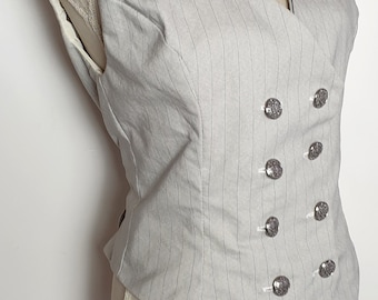 Retro steampunk vest met dubbele rij knopen, grijs/zwart gestreept stoffen jasje, dameskledingjack