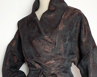 Black/bronze kimono with reversible belt, casual jacket with pockets, brocade fabric, women's clothing, Japanese, wedding cardigan