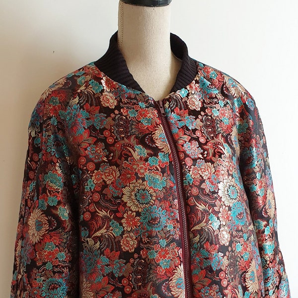 Veste fleurs tissu brocart japonais, blouson élégant, veste mariage cérémonie, casual, manches longues, vêtement bombers pour femme L