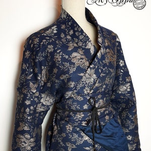 Blue/gold brocade jacket, elegant Kimono with flower patterns, with obi belt, casual jacket, women's clothing, wedding, creation My Oppa
