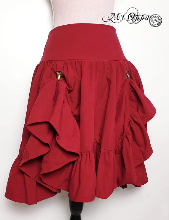 Red Steampunk Cotton Skirt With Clips, Women's Larp Clothing
