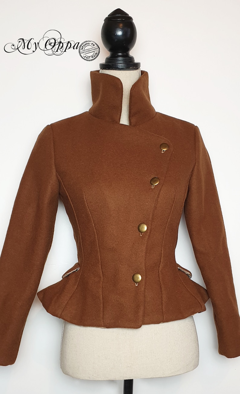 Veste retro laine camel marron steampunk, avec boutons, vêtement femme cavalière amazone, élégant style pin up vintage image 2