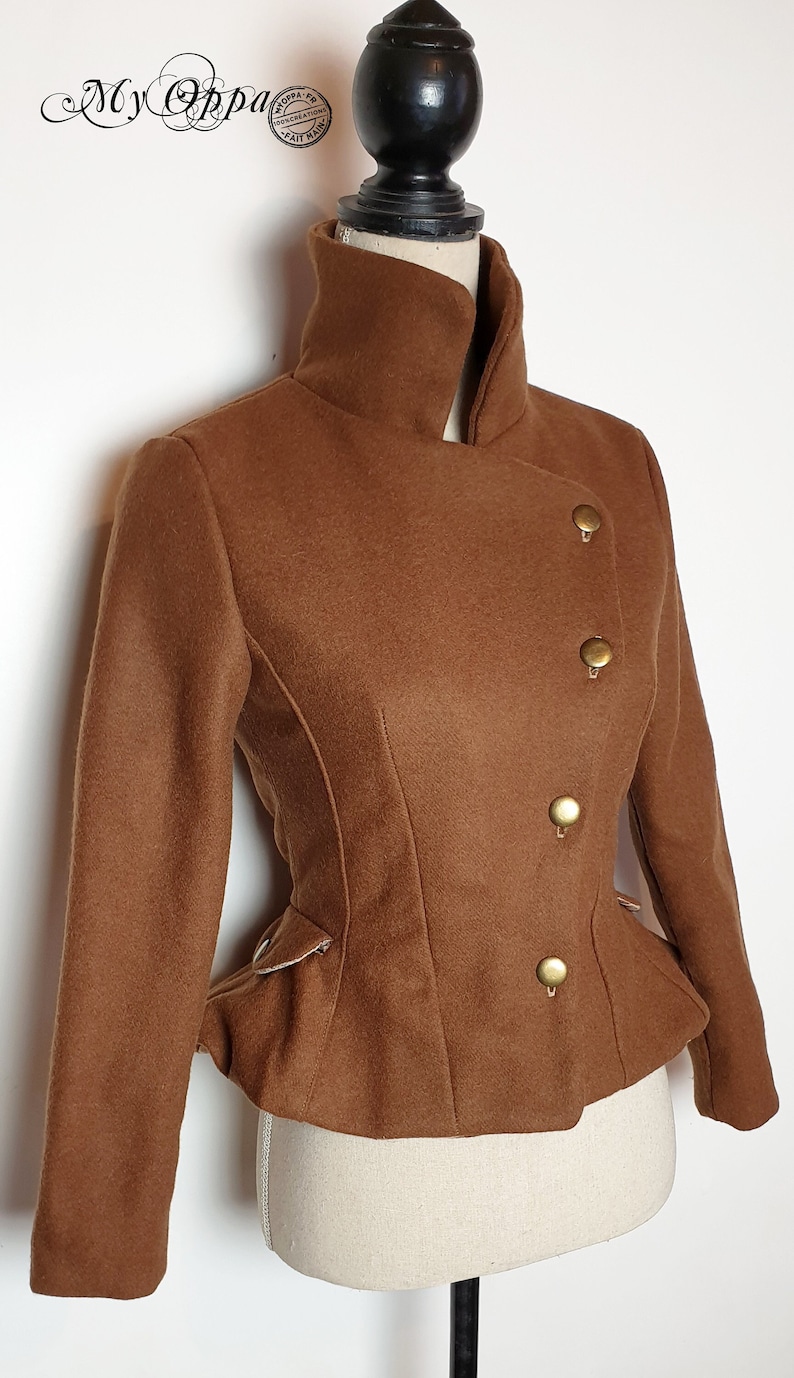 Veste retro laine camel marron steampunk, avec boutons, vêtement femme cavalière amazone, élégant style pin up vintage image 1