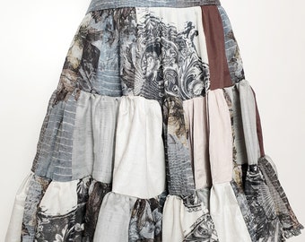 Ethnic bohemian grey/brown patchwork skirt, long medieval steampunk dance women's clothing, boho