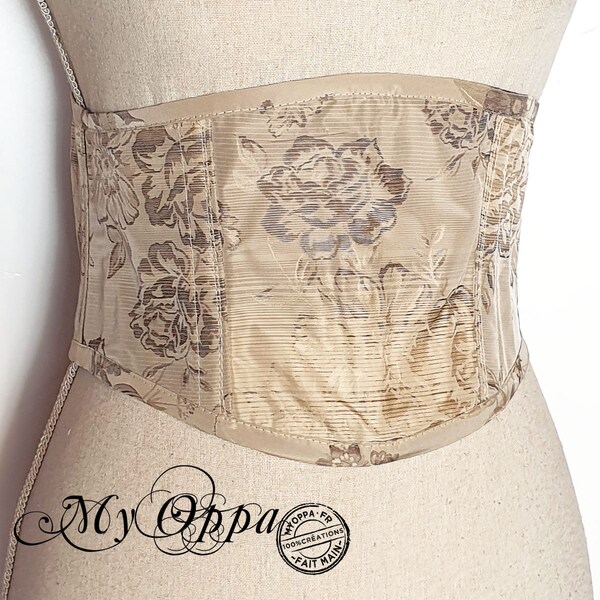 Serre taille boho fleurs beige, corset ceinture baleines en acier, laçage dos, vêtement femme, victorien, mariage cérémonie