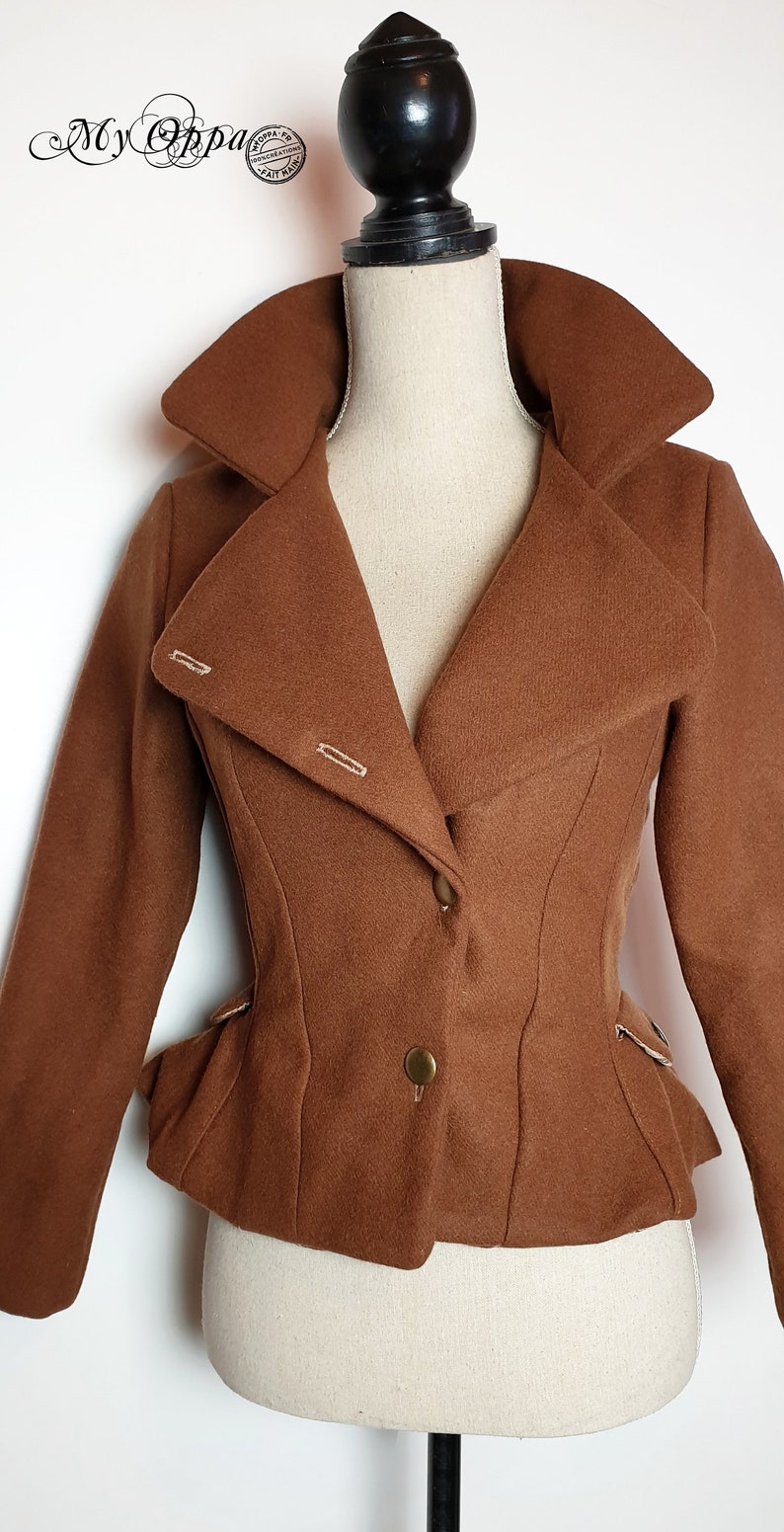 Veste retro laine camel marron steampunk, avec boutons, vêtement femme cavalière amazone, élégant style pin up vintage image 4