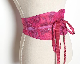 Reversible kimono belt in pink, white, and jacquard plumetis, brocade wedding ceremony accessory obi