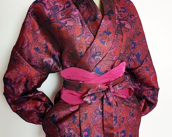 Pink/fushia/blue/red kimono with obi belt, casual jacket with pockets, women's clothing, brocade Haori, wedding ceremony cardigan