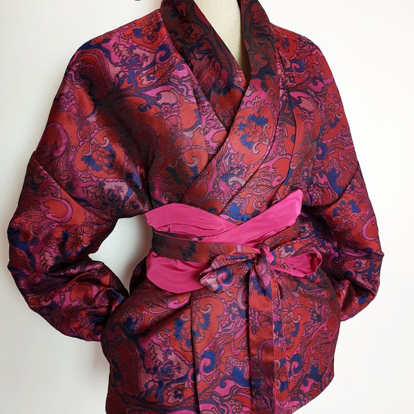 Kimono rose/fushia/bleu/rouge avec sa ceinture obi, Veste casual poches, vêtement femme, Haori brocart, cardigan mariage cérémonie