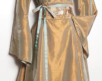 Romantic long medieval dress in beige gold blue, elegant women's clothing, ethnic bohemian, wedding ceremony, elven with knotted belt