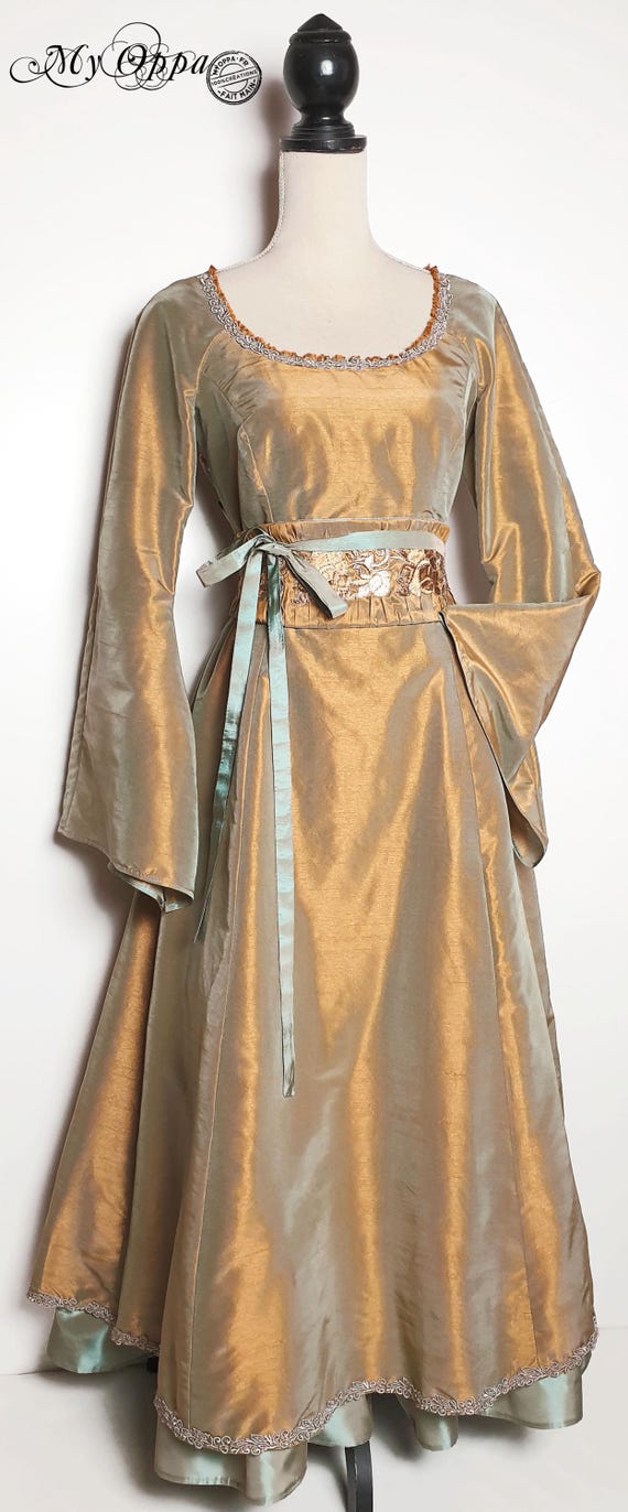 beige medieval dress Romantic Long Medieval Dress in Beige Gold Blue, Elegant Women's Clothing,  Ethnic Bohemian, Wedding Ceremony, Elven With Knotted Belt