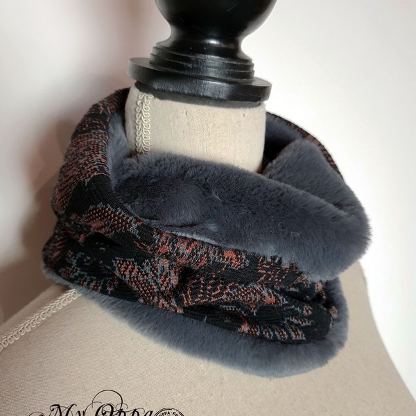 Tour de cou noir fausse fourrure taille unique snood, col chaud, accessoire steampunk élégant, écharpe foulard victorien