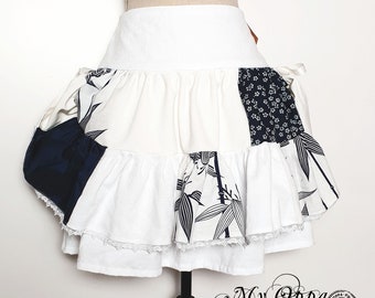 Japanese white/blue short patchwork skirt, elegant bohemian ethnic dance wedding ceremony