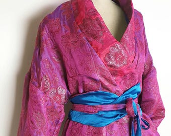 Fuchsia blue reflective kimono with reversible obi belt, bohemian jacket with pockets, brocade fabric, women's clothing, Japanese, wedding