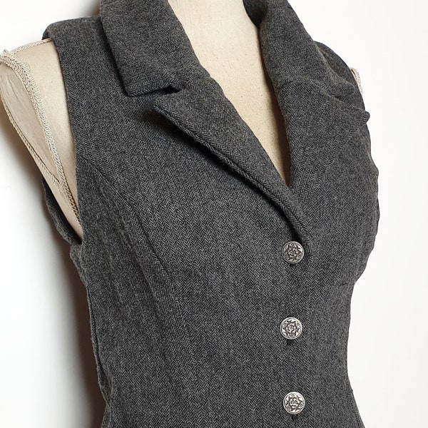 promo15 Gilet long pointes steampunk gris laine, veston retro avec col, haut boutons, vêtement femme, veste cavalière amazone, blazer 1800