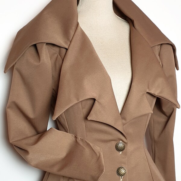 retro camel brown jacket with large collar, steampunk long sleeves, vest, medieval women's clothing