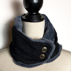 Black/ gray faux fur steampunk snood, warm collar, elegant accessory, Victorian scarf scarf