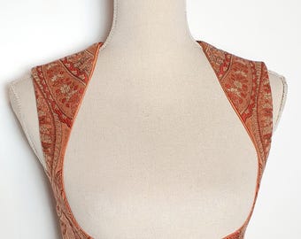 Steampunk jacquard orange-brown underbust vest with brass buttons, women's clothing, wedding/ceremony.