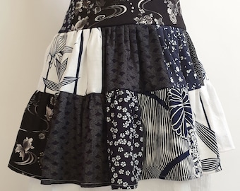 Mid-length blue/white patchwork skirt Japanese fabrics, ethnic hippie women's clothing, bohemian, summer