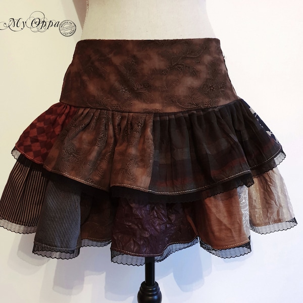 Jupe patchwork steampunk courte marron ethnique, boheme