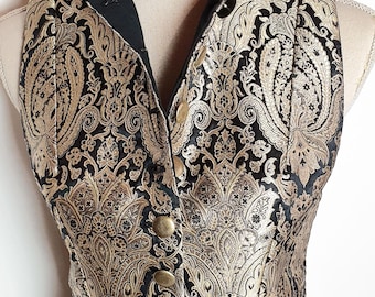 Chaleco largo de brocado negro y dorado, elegante chaqueta victoriana gótica barroca steampunk, ropa de mujer, disfraz de LARP, ceremonia de boda