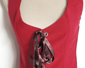 Long red cotton vest, top with front lacing, steampunk style jacket, medieval women's clothing top, adventurer pirate
