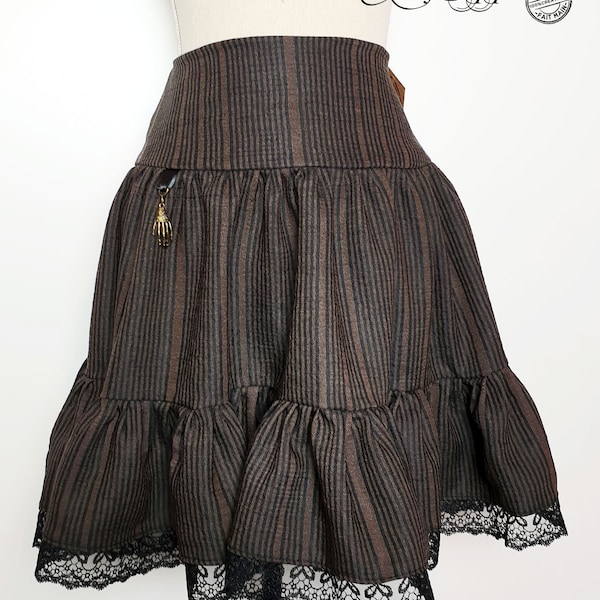 Black lace steampunk mid-length skirt, steam striped women's clothing