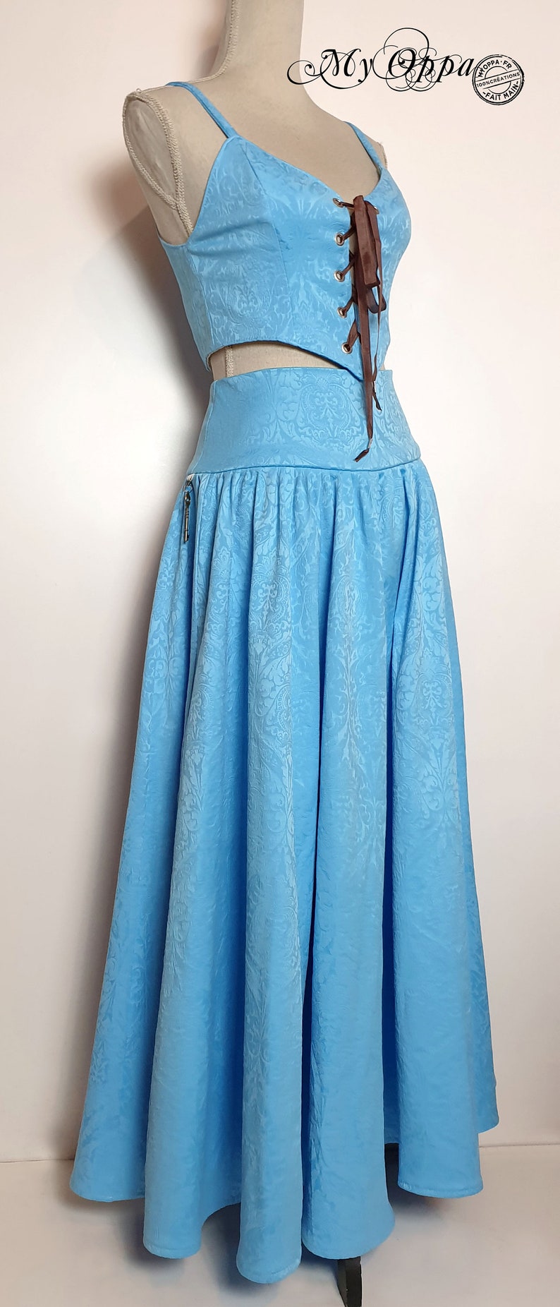 Extra long blue princess baroque pattern skirt, women's dance clothing, ethnic bohemian summer wedding ceremony image 2