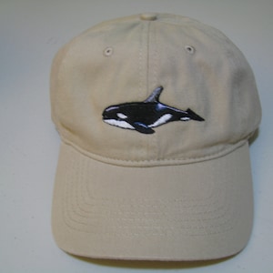 Tan Orca Cap. Orca Whale Embroidered on Tan Baseball Cap