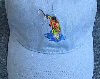 Fly Fisherman Embroidered on Blue Baseball Cap