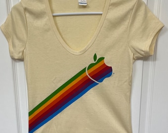 Apple Logo Shirt, Vintage Apple Logo Ladies V Neck, Made in USA, Never Worn