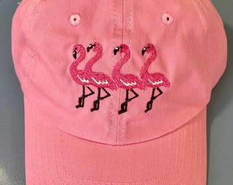 Pink Flamingo Cap,  Flamingo Pink Flamingos Embroidered on a Pink Baseball Cap.  Happy Group of Flamingos on a Baseball Cap