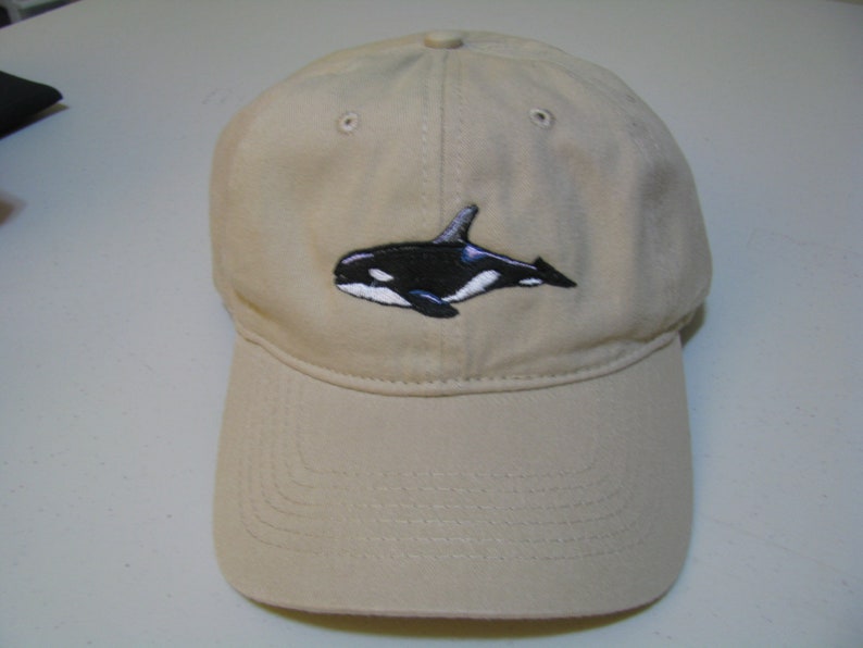 Tan Orca Cap. Orca Whale Embroidered on Tan Baseball Cap image 1