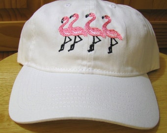 White Flamingo Cap, Four Flamingos On a White Baseball Cap,Flamingo Pink Embroidered Flamingos, Happy Flamingos!