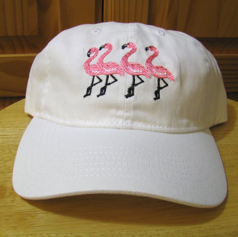 White Flamingo Cap. Four Flamingos on a 