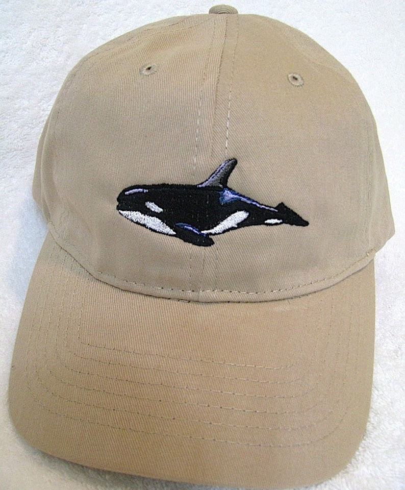 Tan Orca Cap. Orca Whale Embroidered on Tan Baseball Cap image 2
