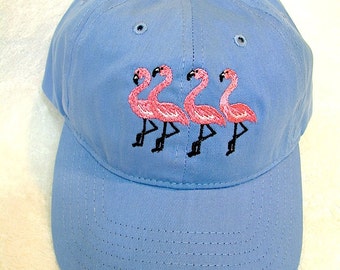 Blue Flamingo Cap,  Flamingo Pink Flamingos Embroidered on a Blue Baseball Cap.  Happy Group of Flamingos on a Baseball Cap