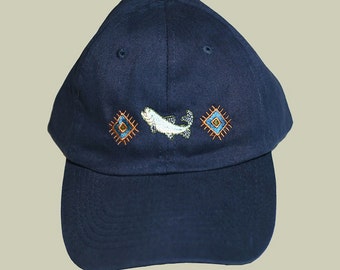 Navy Fishing Cap. Salmon Motif Navy Baseball Cap. Soft Cotton Cap.