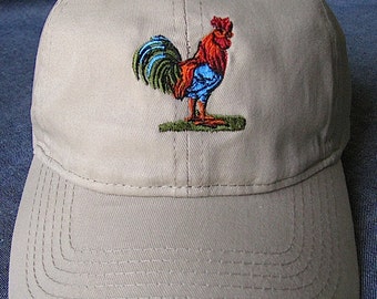 Tan Rooster Cap. Colorful Rooster on Tan Baseball Cap