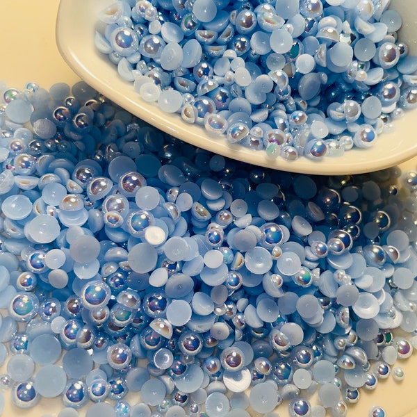 Lt. Blue AB Half Pearl Mixes,  Flatback Half Round Faux Pearl Mix,  3mm, 4mm, 5mm, 6mm Mix