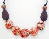 Origami Cocunut Crush Cherry Blossom Necklace, Japanese Chiyogami Paper Decoupage and Wooden Bead